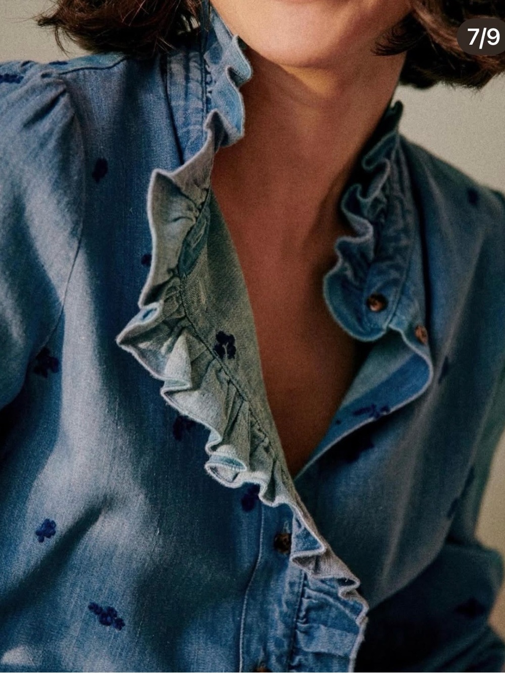 Sezane Chlo Blue Ruffled Embroidered Denim Button-Down Shirt - 34